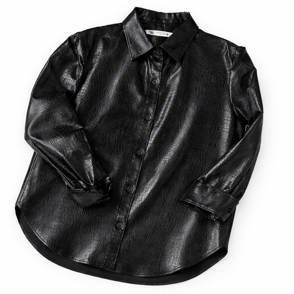 Zara Croc-Embossed Black Faux Leather Shacket Jacket | Glossy | Oversized